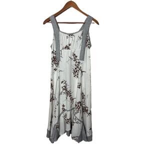 LA BLEND Size Medium Linen Blend White Floral Stripe Wide Strap Sleeveless Dress